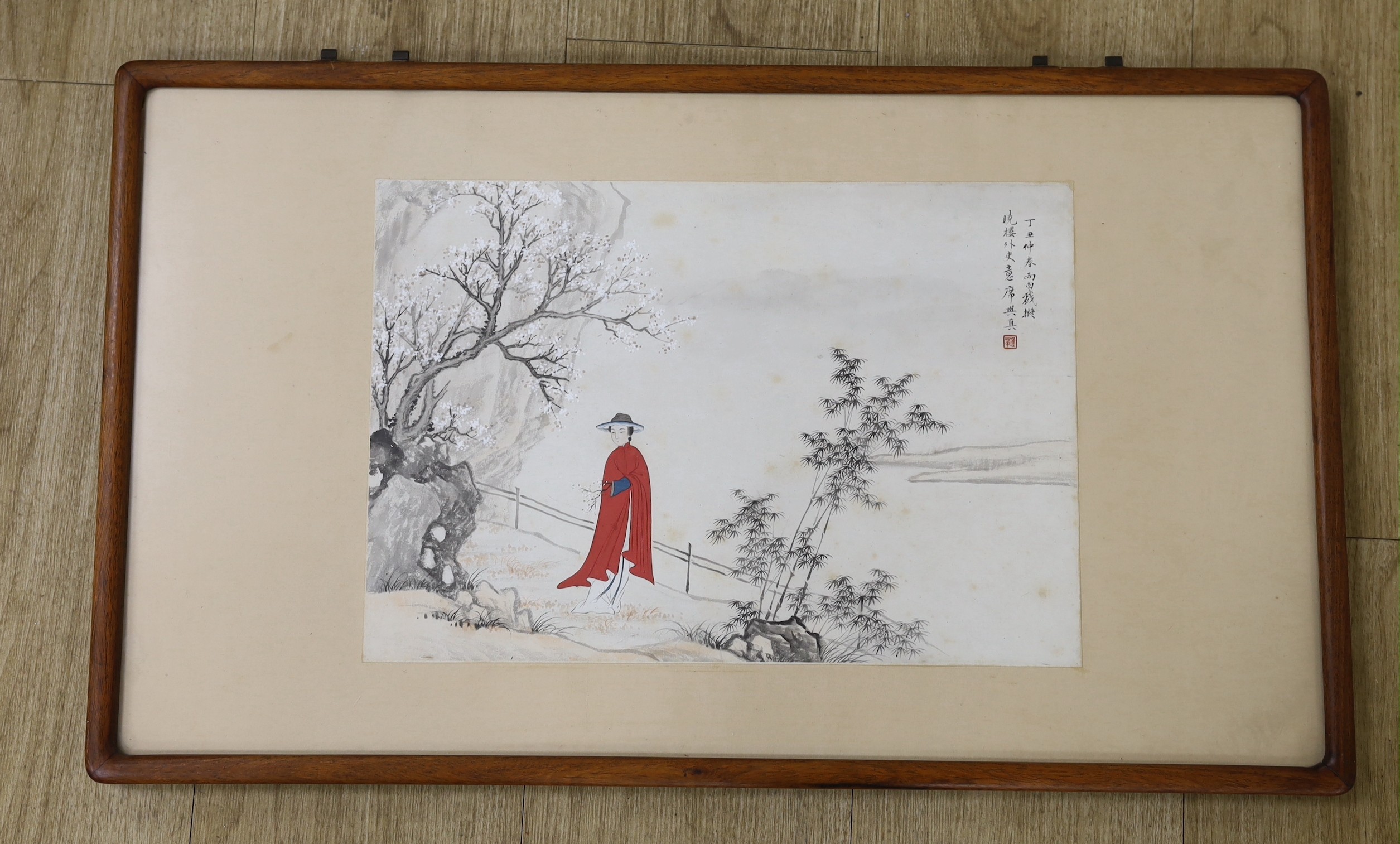 Chinese School, early 20th century, Lady in a winter landscape, ink and colour on paper, inscribed, 27 x 39cm